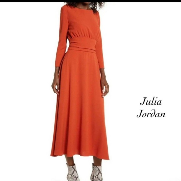 JULIA JORDAN ORANGE 3/4 SLEEVE A-LINE BOAT NECK MIDI DRESS WOMEN'S SIZE… - Picture 1 of 12